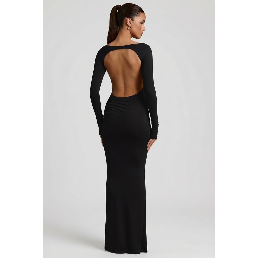 Oh Polly Black Long Sleeve Open Back Maxi Dress Ruched Modal Formal Size M NWT - Picture 2 of 10